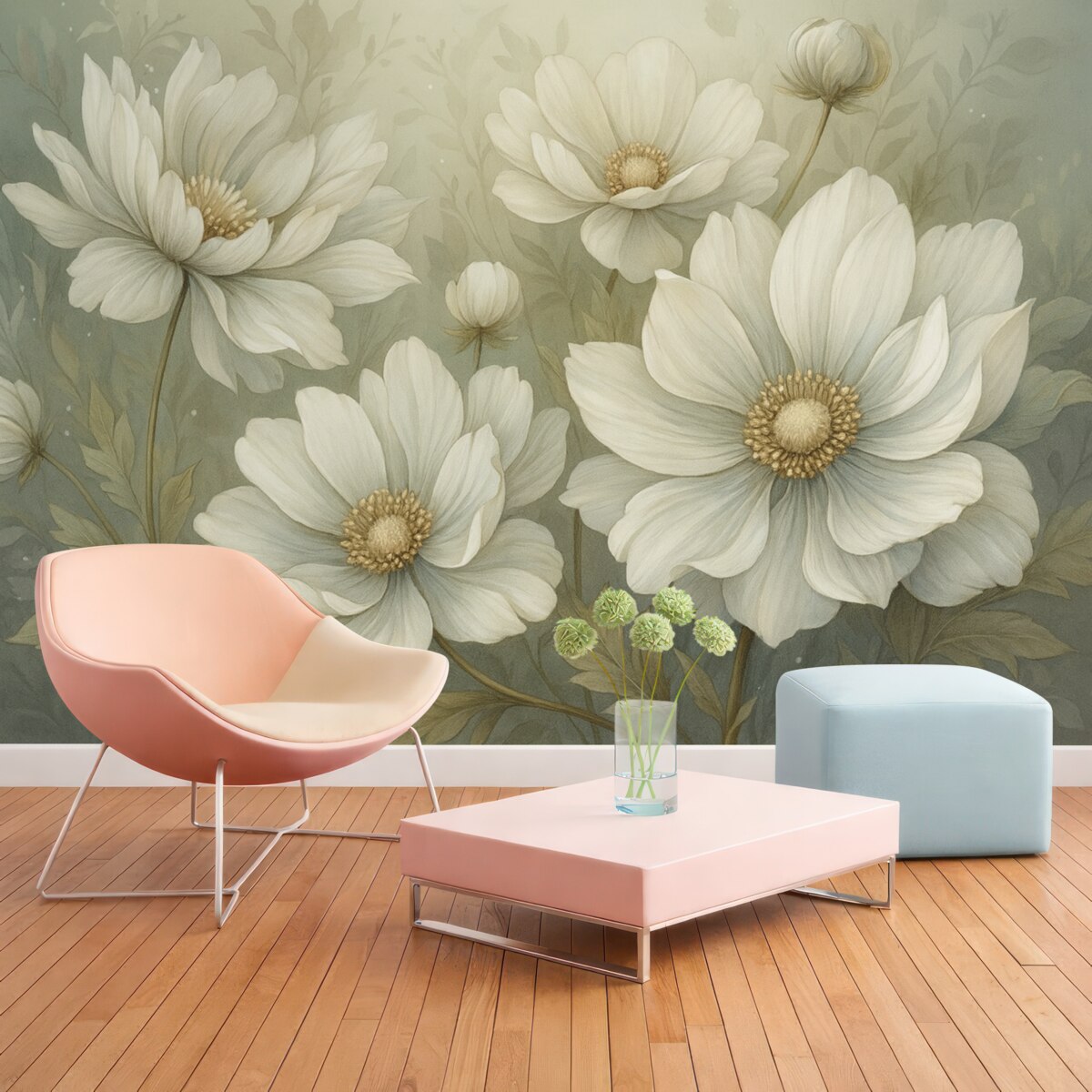 Fototapeta Wielkie białe i beżowe kwiaty, subtelne tło.