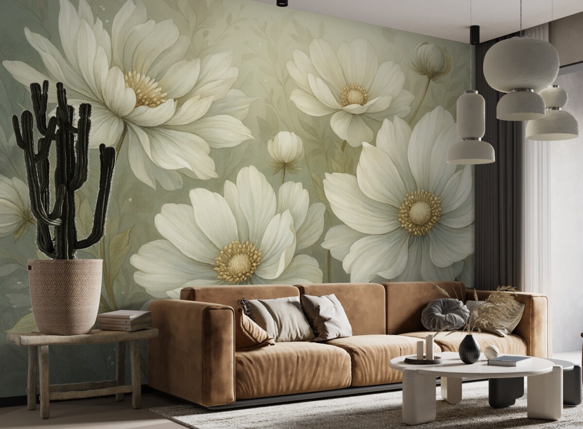 Fototapeta Wielkie białe i beżowe kwiaty, subtelne tło.