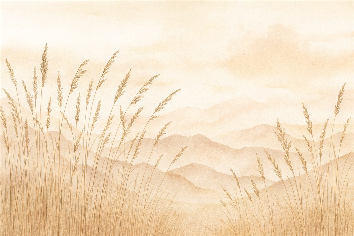 Fototapeta Góry w jasnoróżowym, beżowym, a także ciemnobeżowa trawa i różowy.