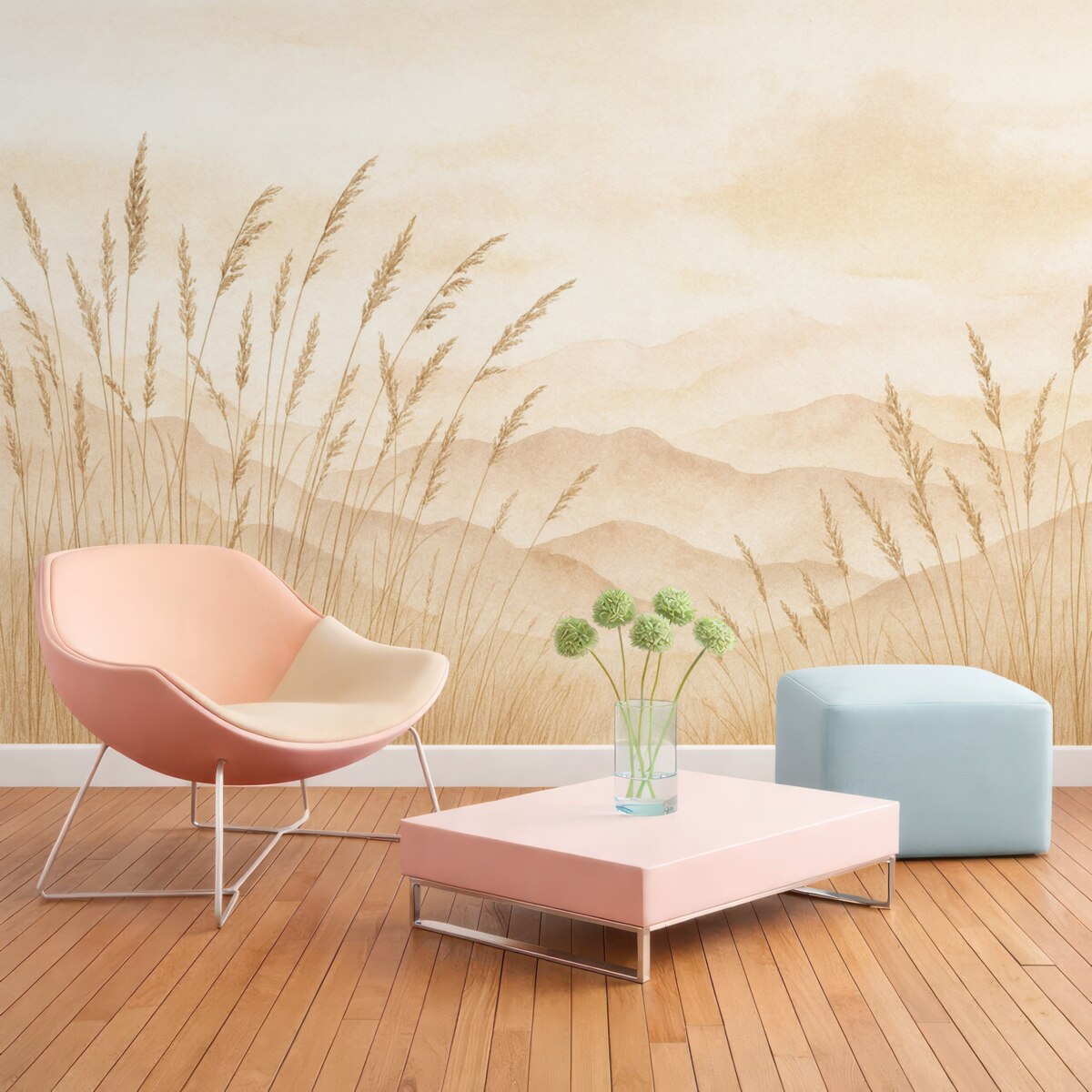 Fototapeta Góry w jasnoróżowym, beżowym, a także ciemnobeżowa trawa i różowy.