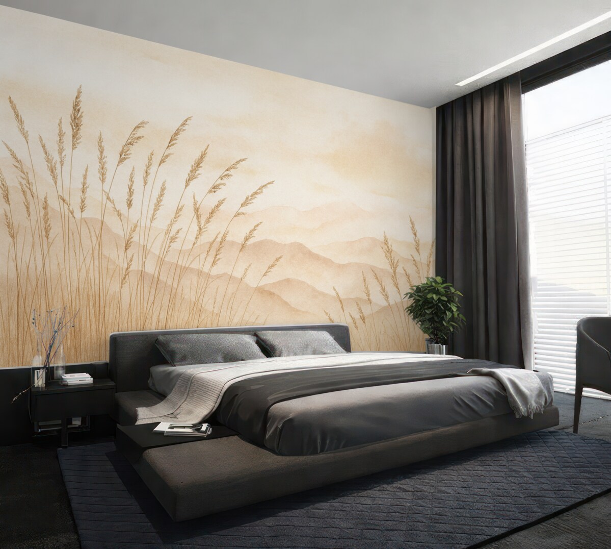 Fototapeta Góry w jasnoróżowym, beżowym, a także ciemnobeżowa trawa i różowy.