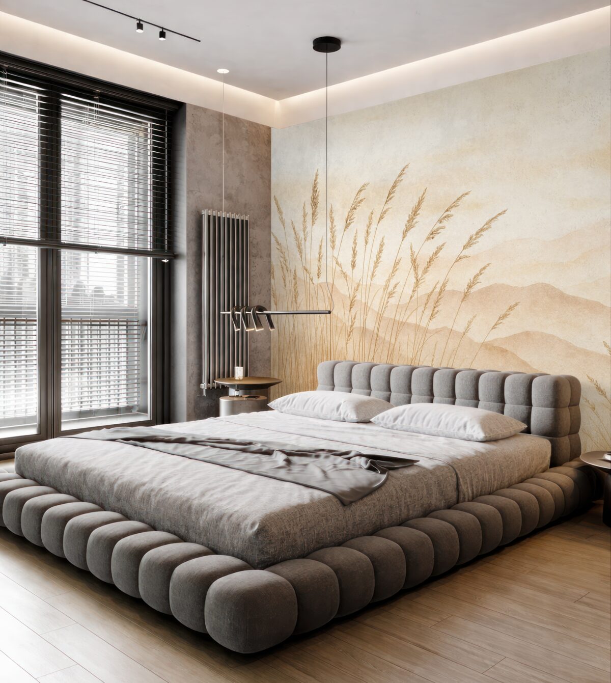 Fototapeta Góry w jasnoróżowym, beżowym, a także ciemnobeżowa trawa i różowy.