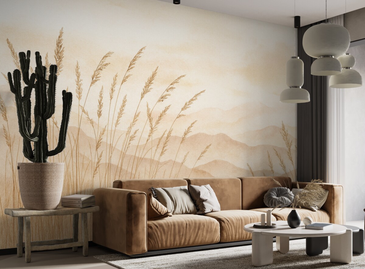 Fototapeta Góry w jasnoróżowym, beżowym, a także ciemnobeżowa trawa i różowy.