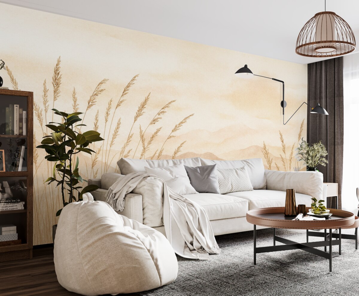 Fototapeta Góry w jasnoróżowym, beżowym, a także ciemnobeżowa trawa i różowy.