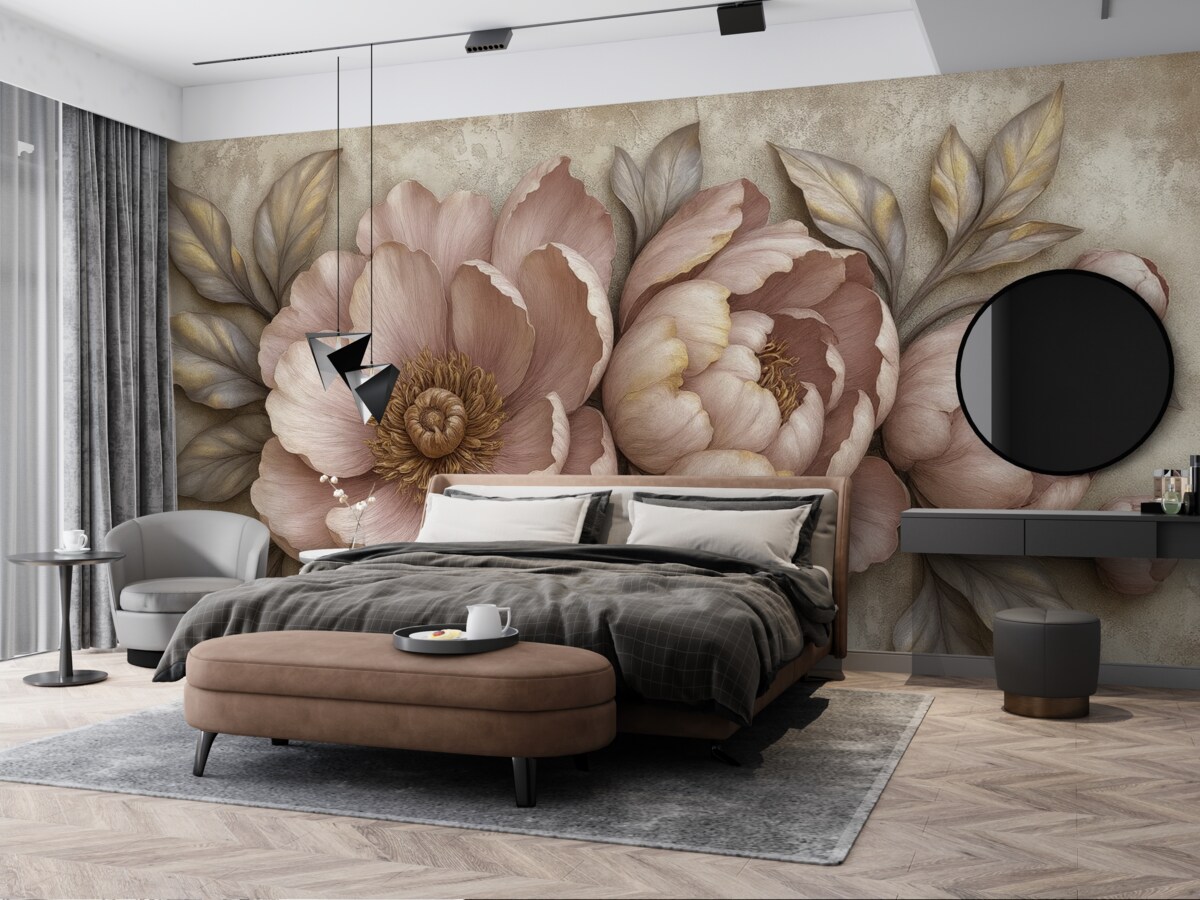 Fototapeta Fioletowe piwonie kwiatowe z liśćmi i płatkami w delikatnych pastelowych odcieniach, w stylu retro.