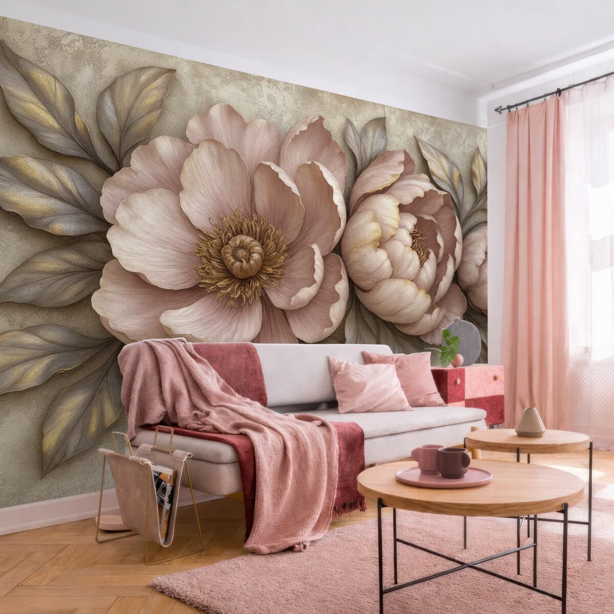 Fototapeta Fioletowe piwonie kwiatowe z liśćmi i płatkami w delikatnych pastelowych odcieniach, w stylu retro.