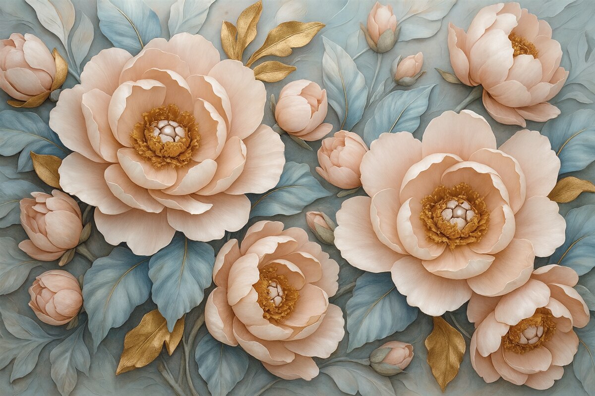 Fototapeta Luksusowe płatki i różowe piwonie w delikatnych odcieniach błękitu i różu.