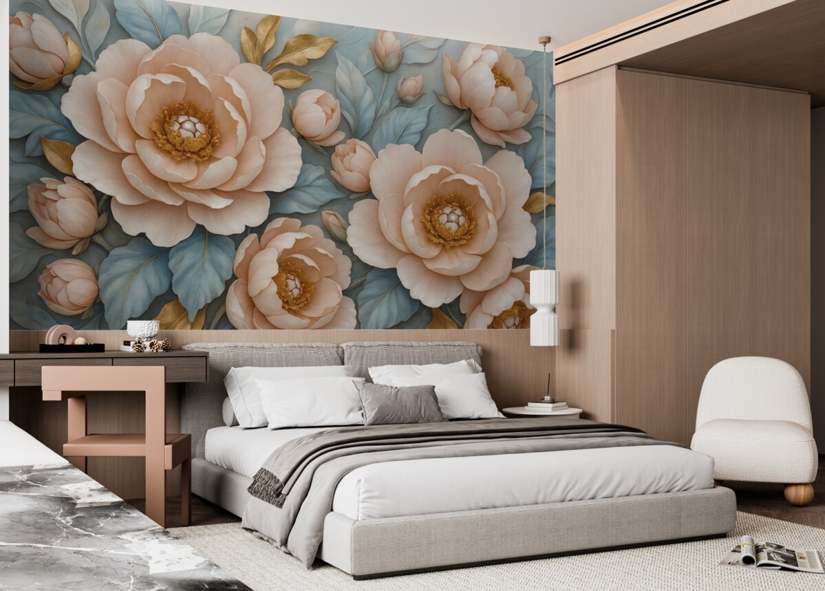 Fototapeta Luksusowe płatki i różowe piwonie w delikatnych odcieniach błękitu i różu.