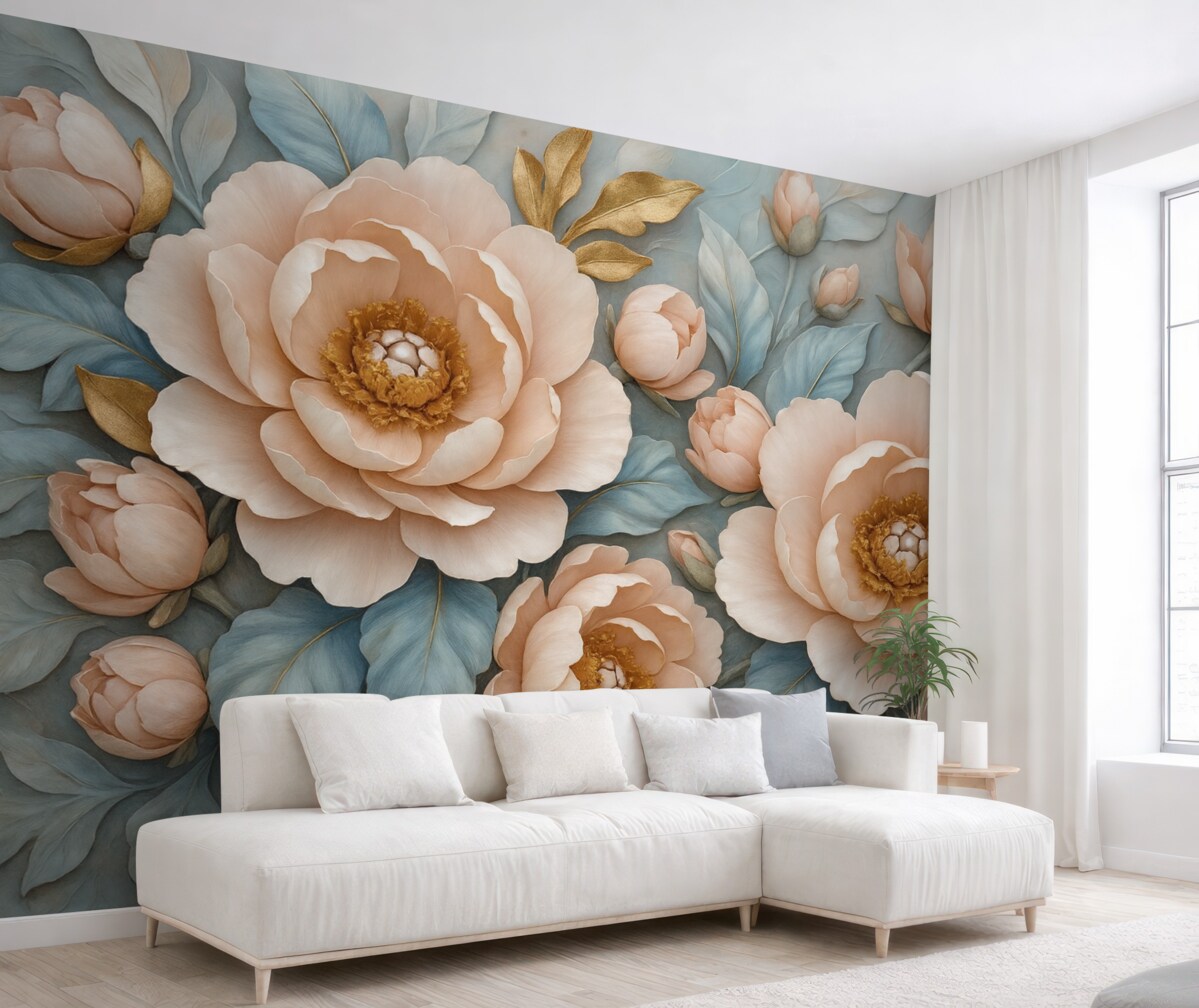 Fototapeta Luksusowe płatki i różowe piwonie w delikatnych odcieniach błękitu i różu.