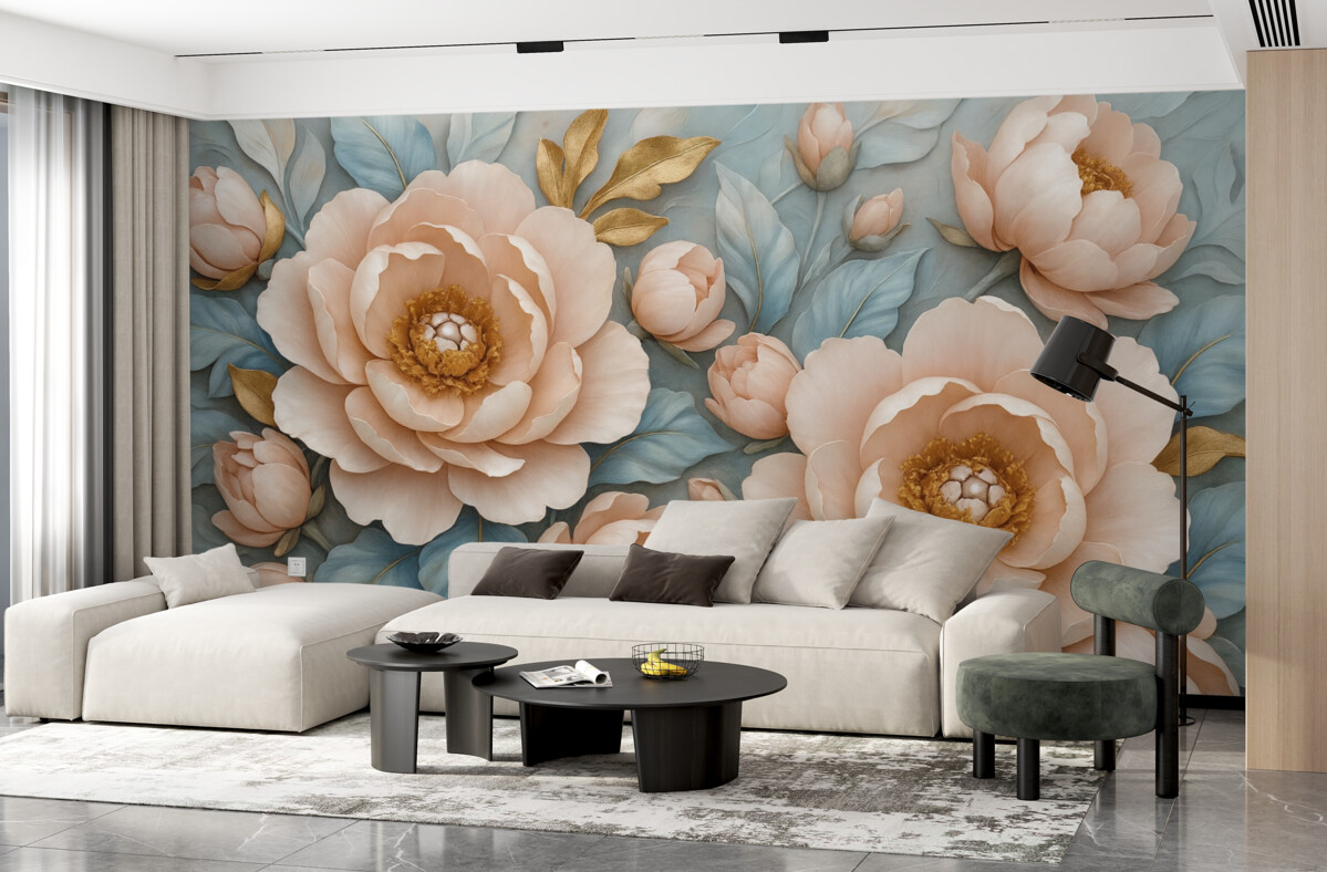 Fototapeta Luksusowe płatki i różowe piwonie w delikatnych odcieniach błękitu i różu.