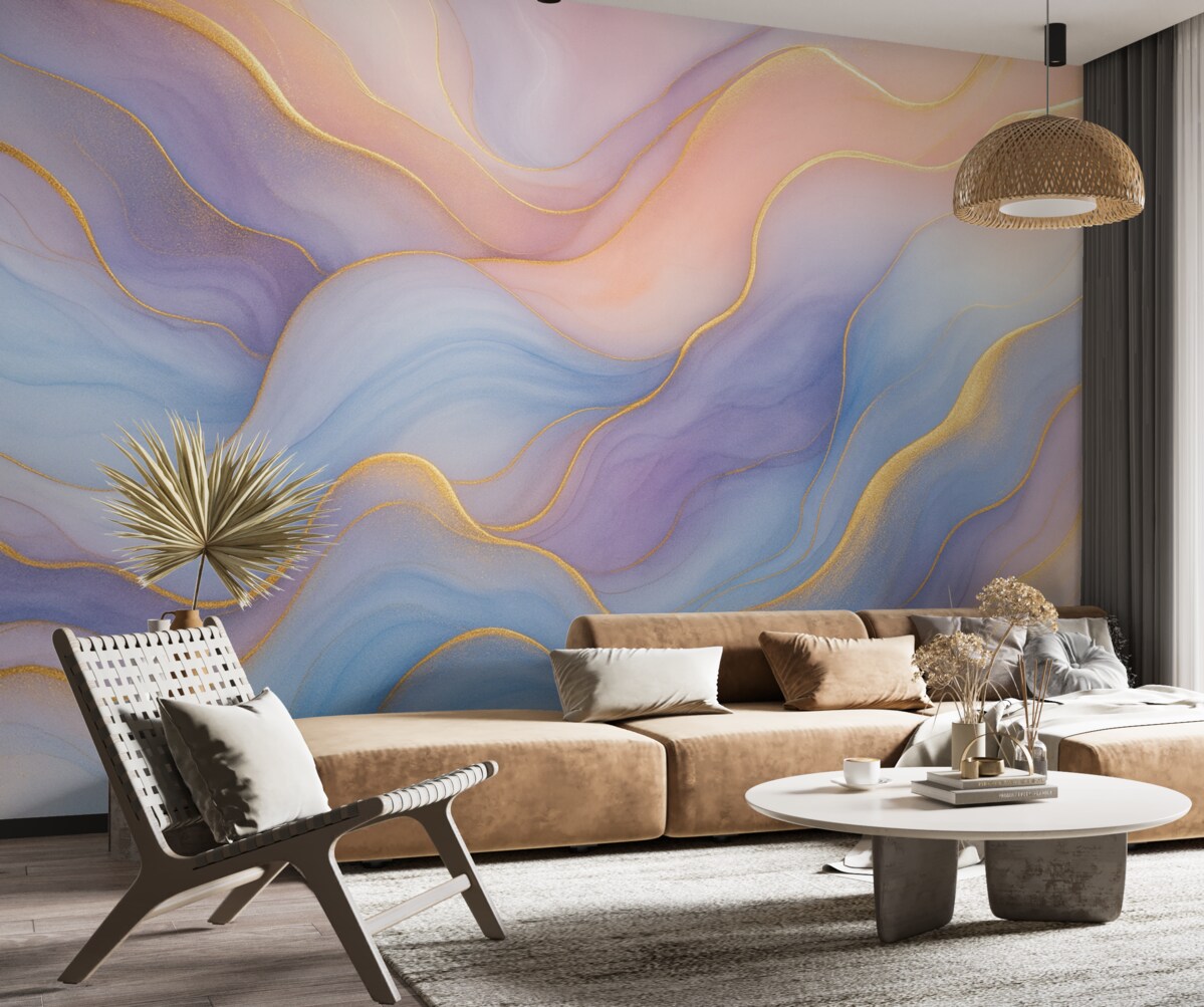 Fototapeta Abstrakcyjna kompozycja z marmurowymi motywami i subtelnymi akwarelowymi teksturami w łagodnych pastelowych odcieniach.