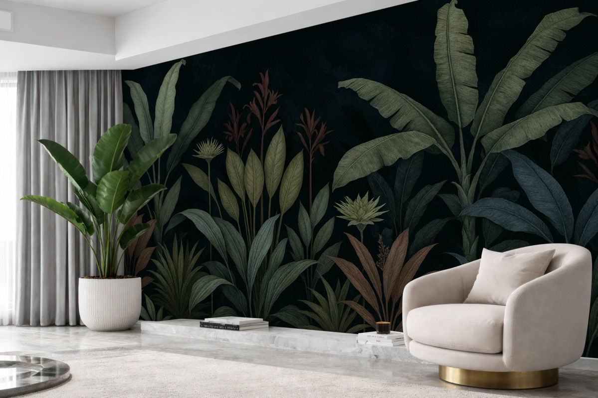 Fototapeta Tropikalne kwiaty i liście na ciemnym tle.