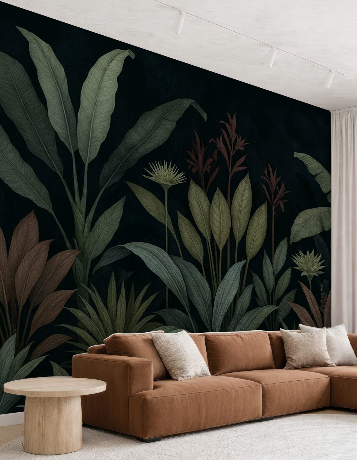 Fototapeta Tropikalne kwiaty i liście na ciemnym tle.