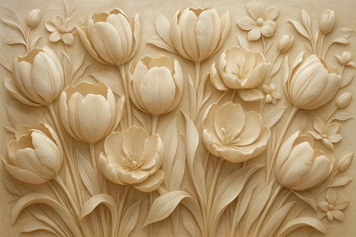 Fototapeta kwiatowa ilustracja 3D z eleganckimi tulipanami w odcieniu beżu