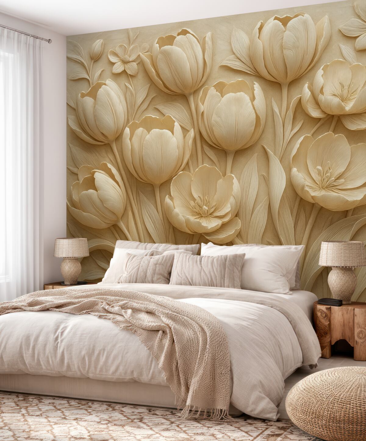 Fototapeta kwiatowa ilustracja 3D z eleganckimi tulipanami w odcieniu beżu