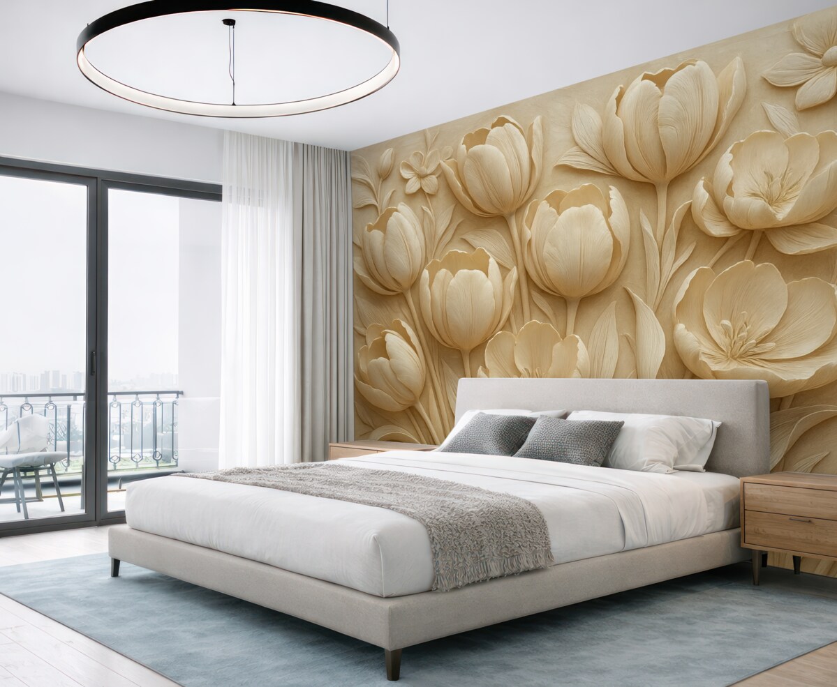 Fototapeta kwiatowa ilustracja 3D z eleganckimi tulipanami w odcieniu beżu