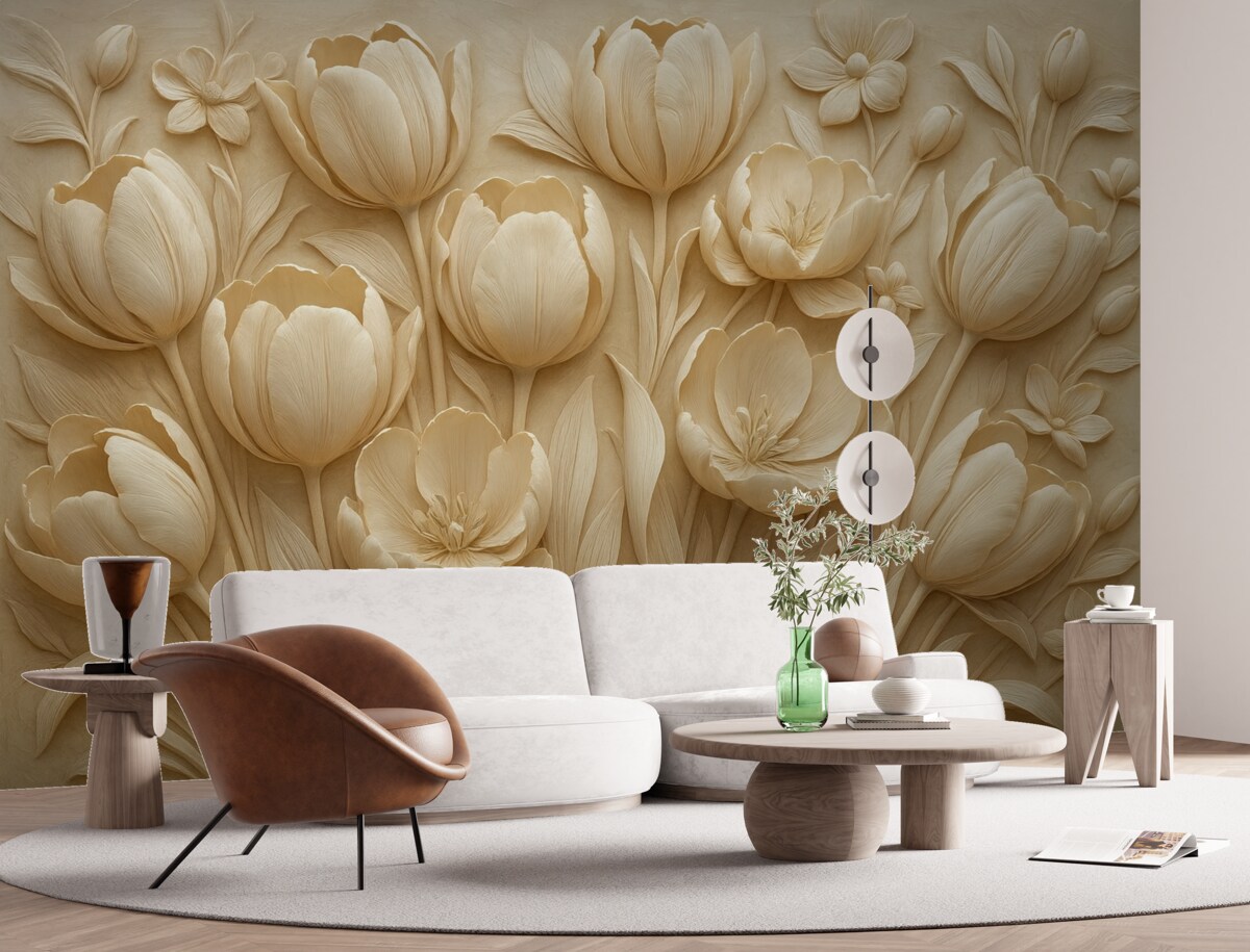 Fototapeta kwiatowa ilustracja 3D z eleganckimi tulipanami w odcieniu beżu