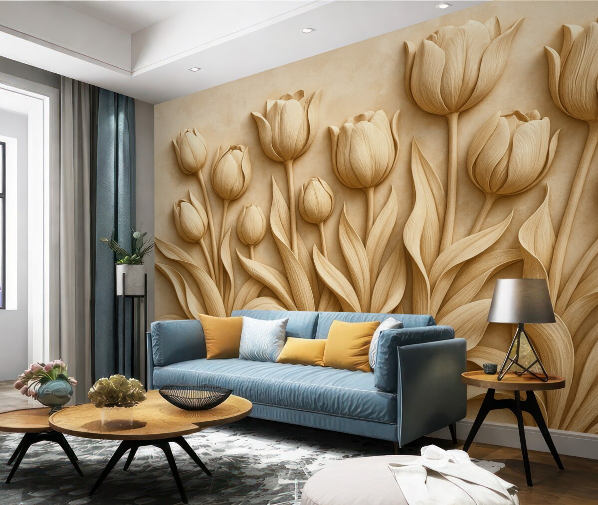 Fototapeta Kwiatowa ilustracja z zachwycającymi tulipanami w beżowej gamie kolorystycznej.