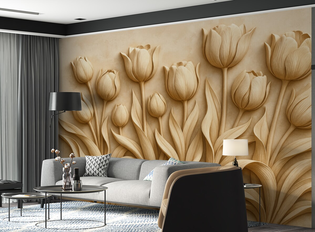 Fototapeta Kwiatowa ilustracja z zachwycającymi tulipanami w beżowej gamie kolorystycznej.