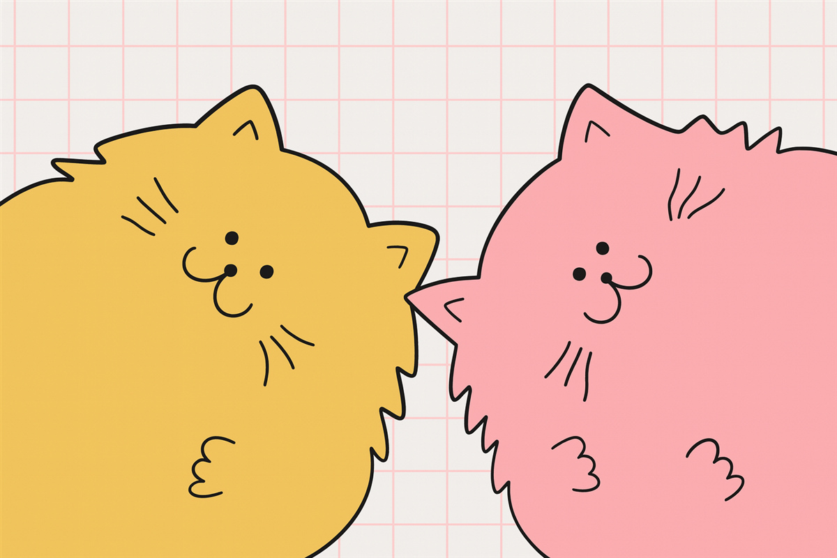 Fototapeta Rysunek linii kociąt, kolor żółty i różowy.