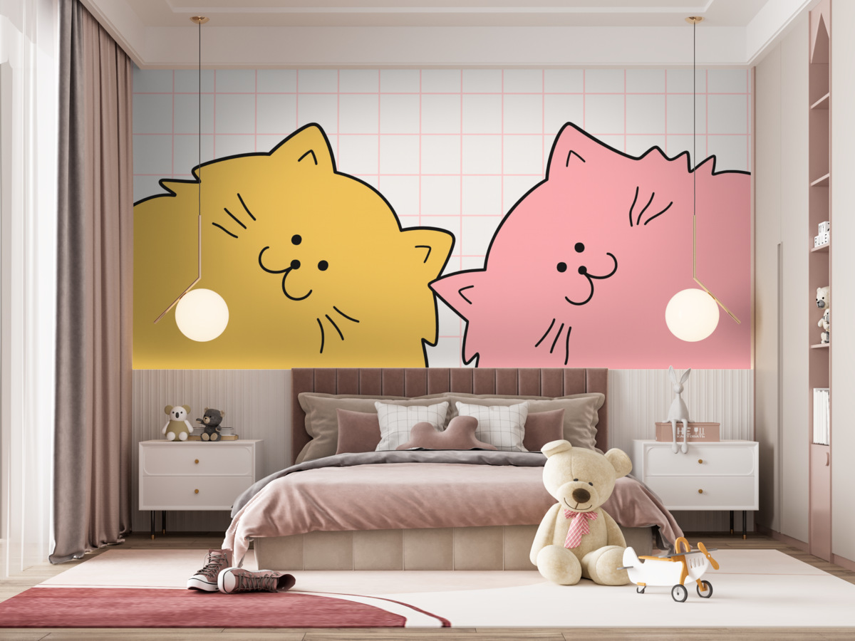 Fototapeta Rysunek linii kociąt, kolor żółty i różowy.
