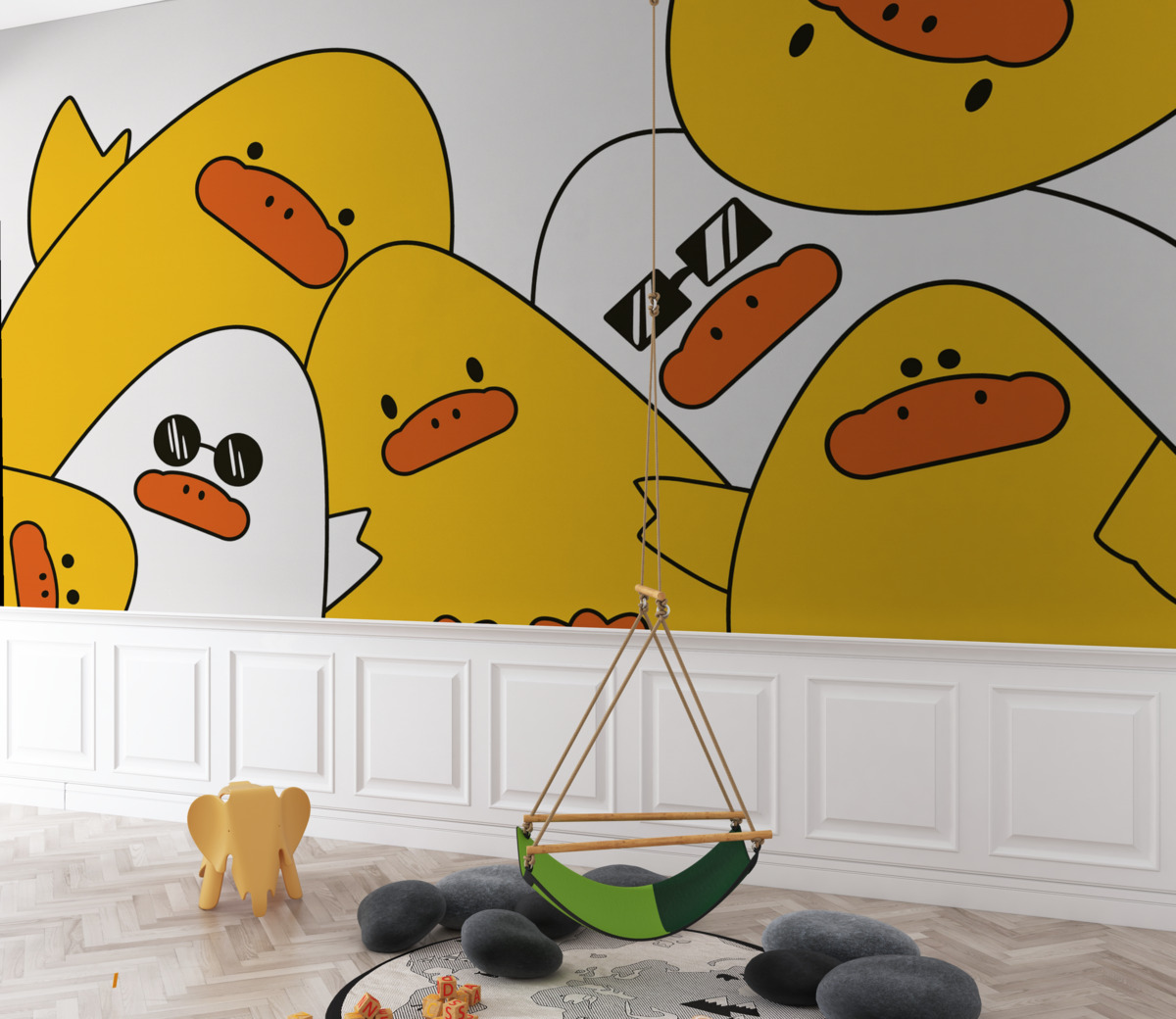 Fototapeta Liniowy szkic kaczki w kolorze żółtym.