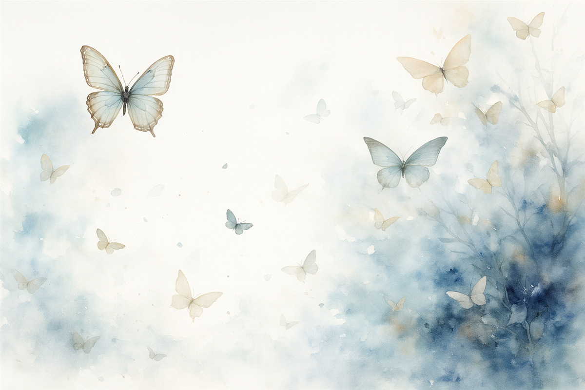 Fototapeta Motyle na tle błękitnych plam wilgotna akwarela.
