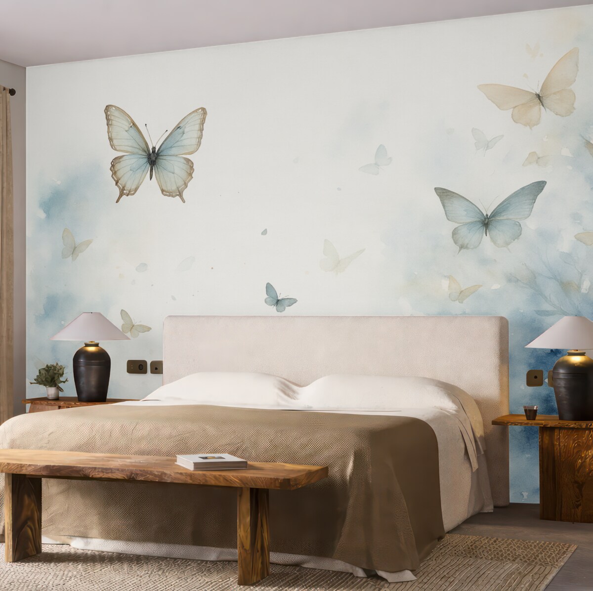 Fototapeta Motyle na tle błękitnych plam wilgotna akwarela.