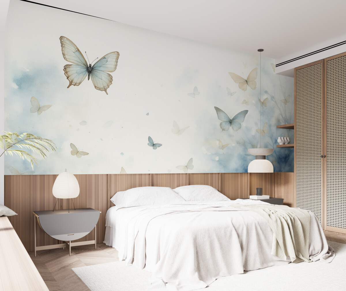 Fototapeta Motyle na tle błękitnych plam wilgotna akwarela.