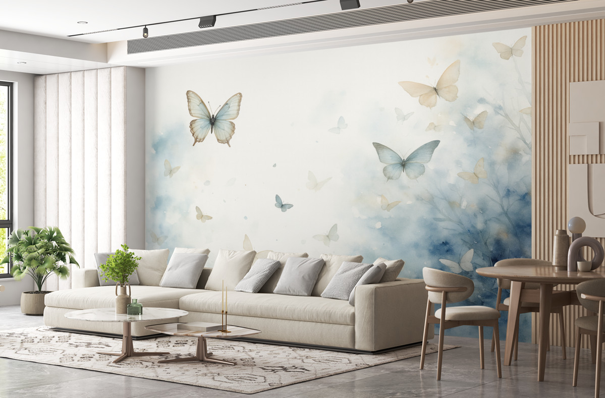 Fototapeta Motyle na tle błękitnych plam wilgotna akwarela.