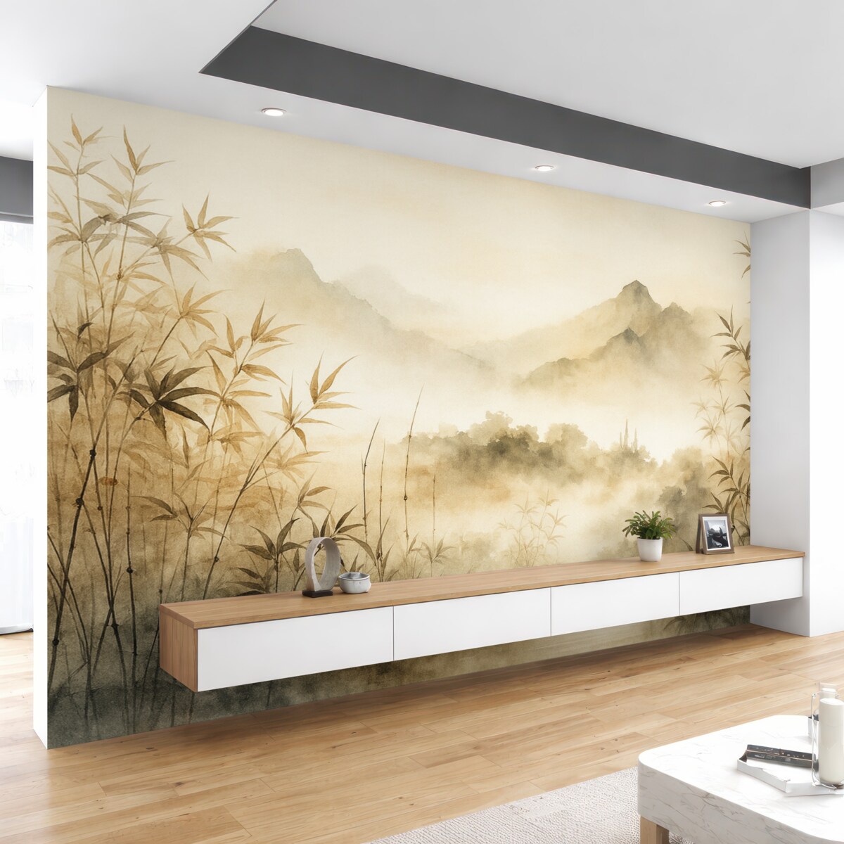 Fototapeta Bambus nad stawem z górami w mgle w tle wilgotna akwarela.