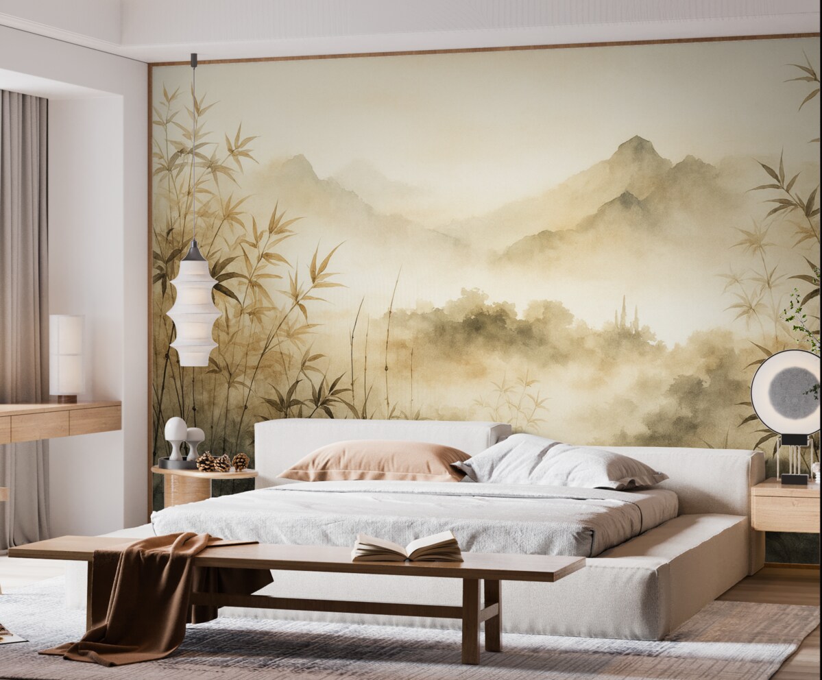 Fototapeta Bambus nad stawem z górami w mgle w tle wilgotna akwarela.