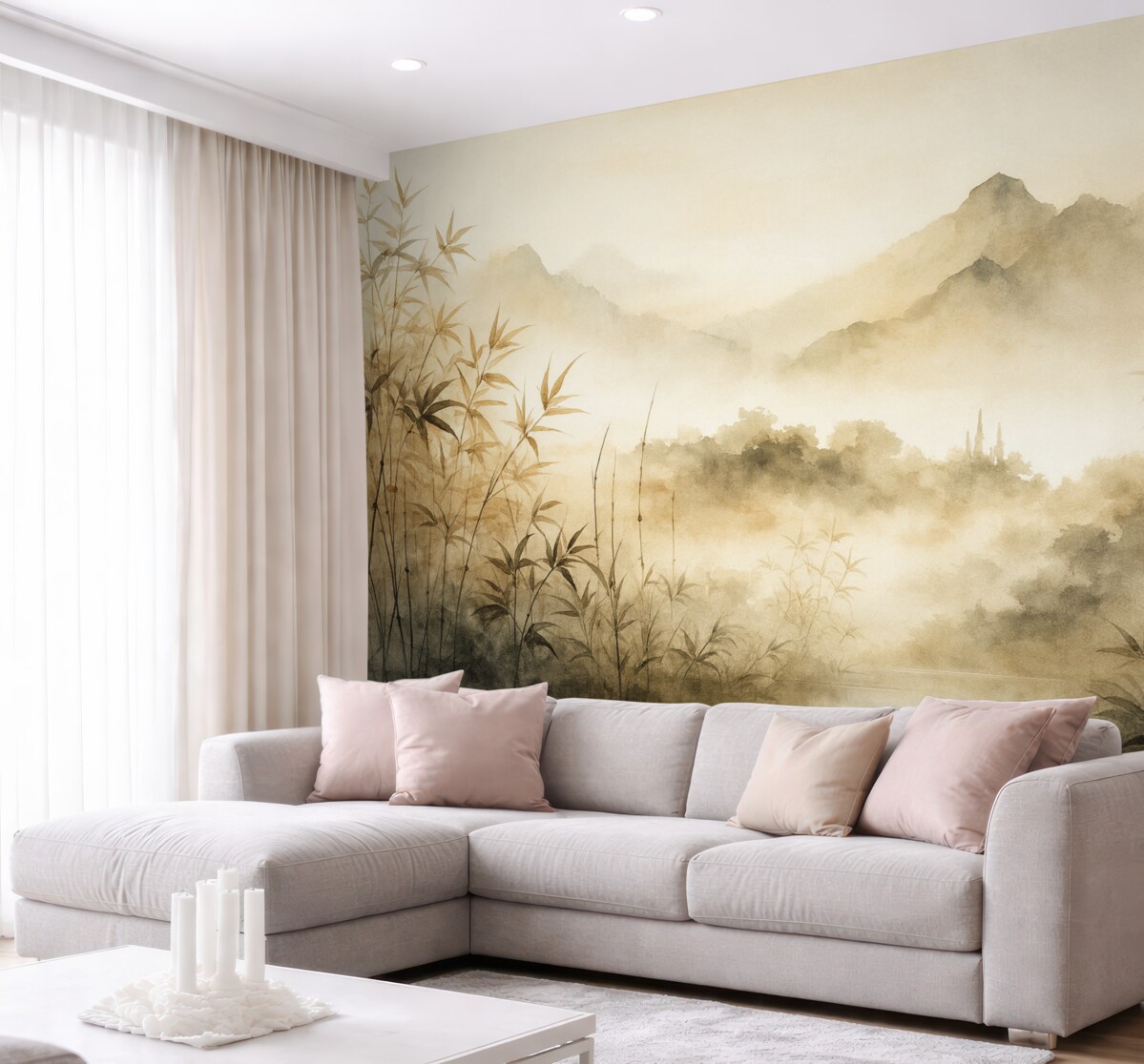 Fototapeta Bambus nad stawem z górami w mgle w tle wilgotna akwarela.