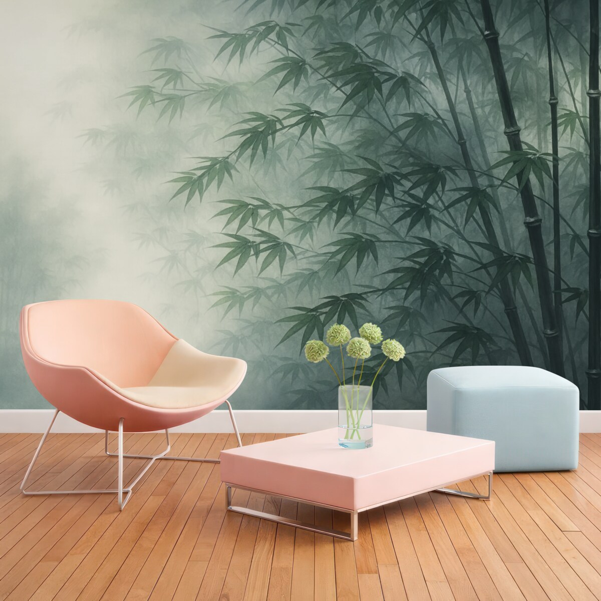 Fototapeta Łodygi bambusa na tle ciemnej mgły, wilgotna akwarela.