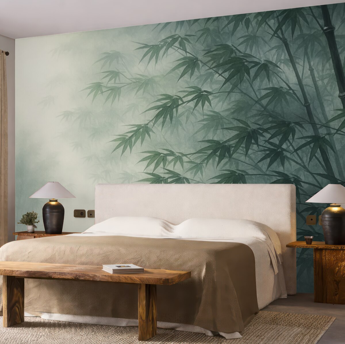 Fototapeta Łodygi bambusa na tle ciemnej mgły, wilgotna akwarela.