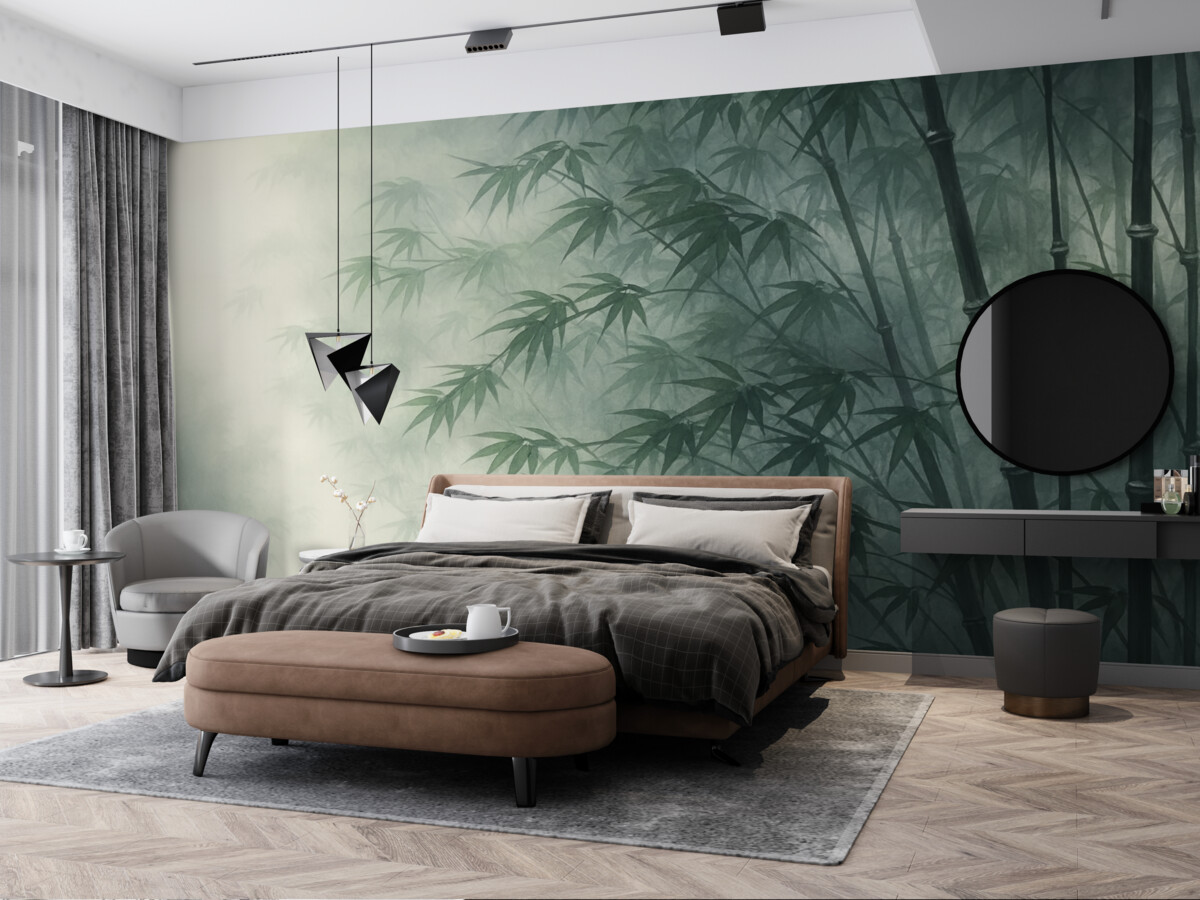 Fototapeta Łodygi bambusa na tle ciemnej mgły, wilgotna akwarela.