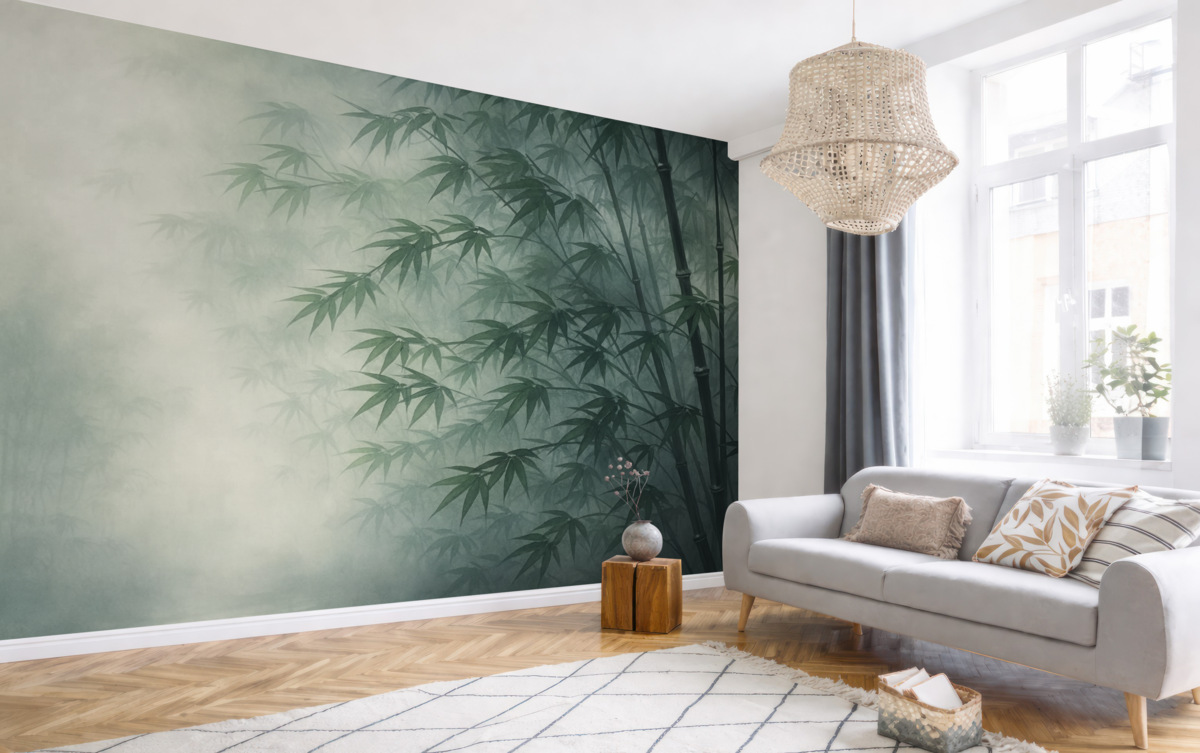 Fototapeta Łodygi bambusa na tle ciemnej mgły, wilgotna akwarela.