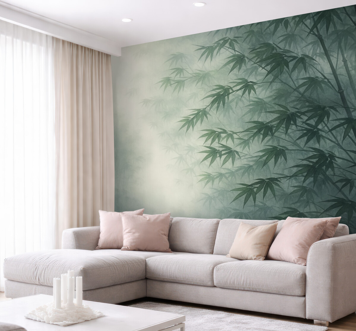 Fototapeta Łodygi bambusa na tle ciemnej mgły, wilgotna akwarela.