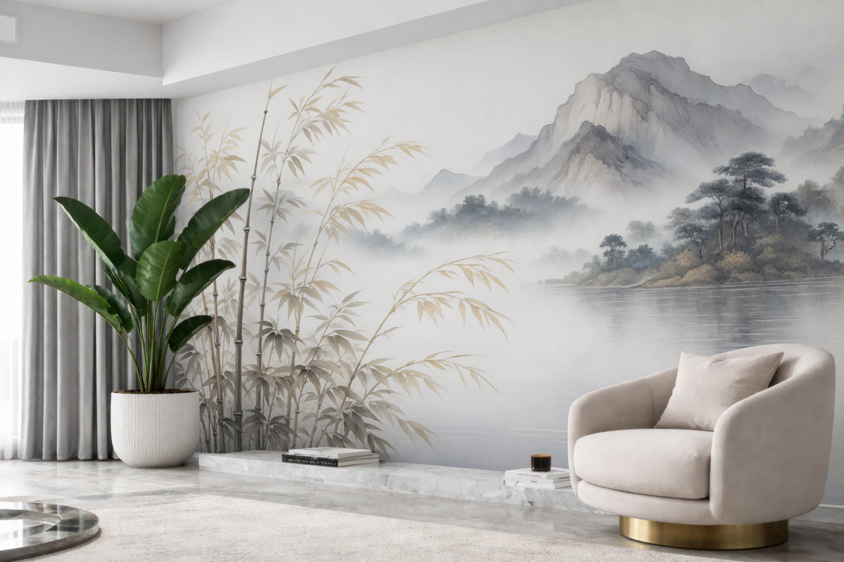 Fototapeta Wilgotne akwarelowe łodygi bambusa na tle górskim.