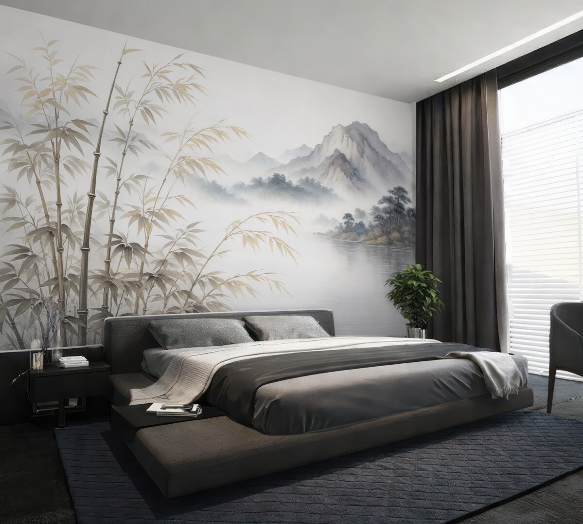 Fototapeta Wilgotne akwarelowe łodygi bambusa na tle górskim.