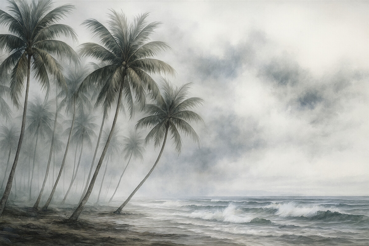 Fototapeta Wilgotna akwarela palmy przy morzu z mgłą w oddali.