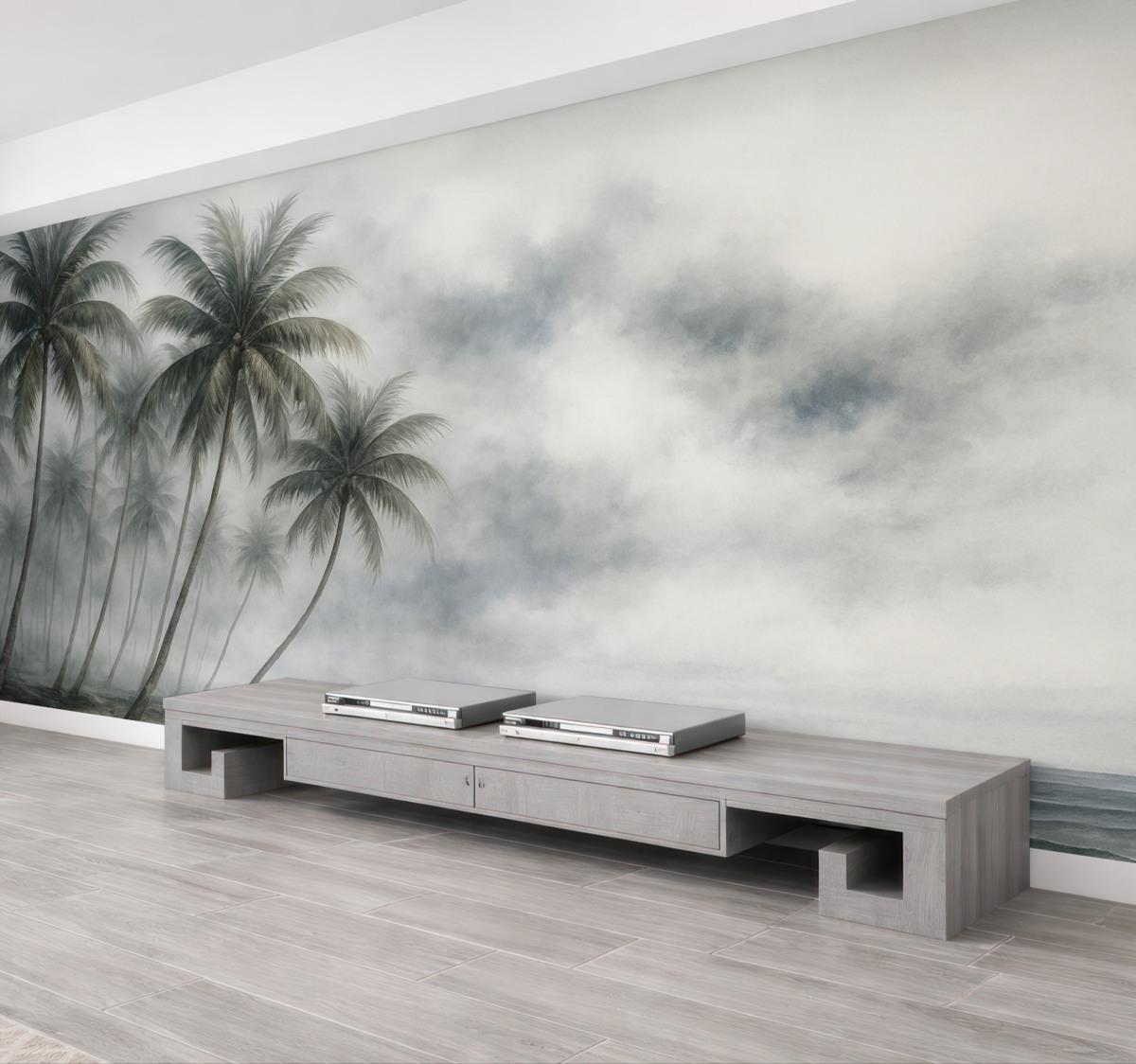 Fototapeta Wilgotna akwarela palmy przy morzu z mgłą w oddali.