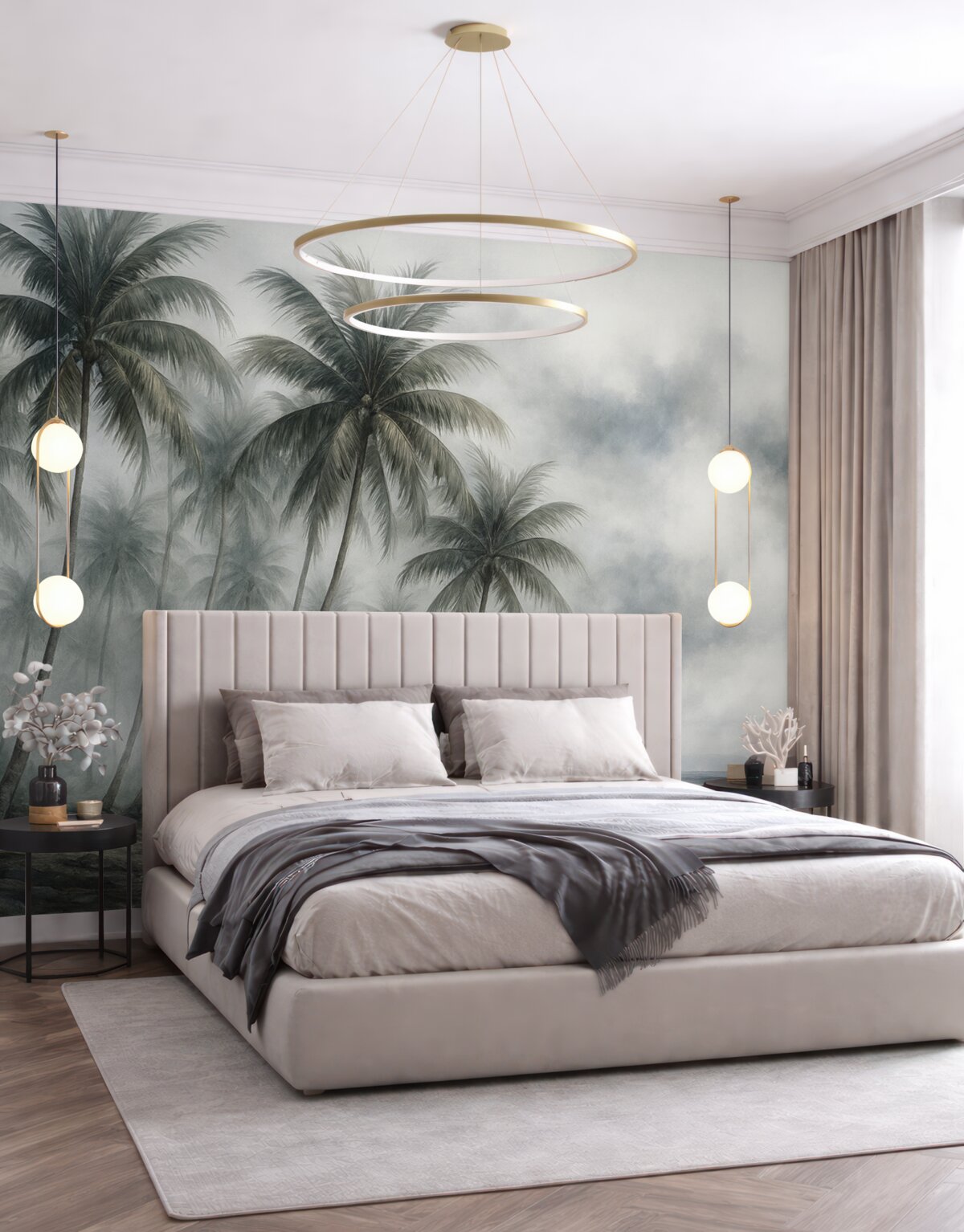 Fototapeta Wilgotna akwarela palmy przy morzu z mgłą w oddali.