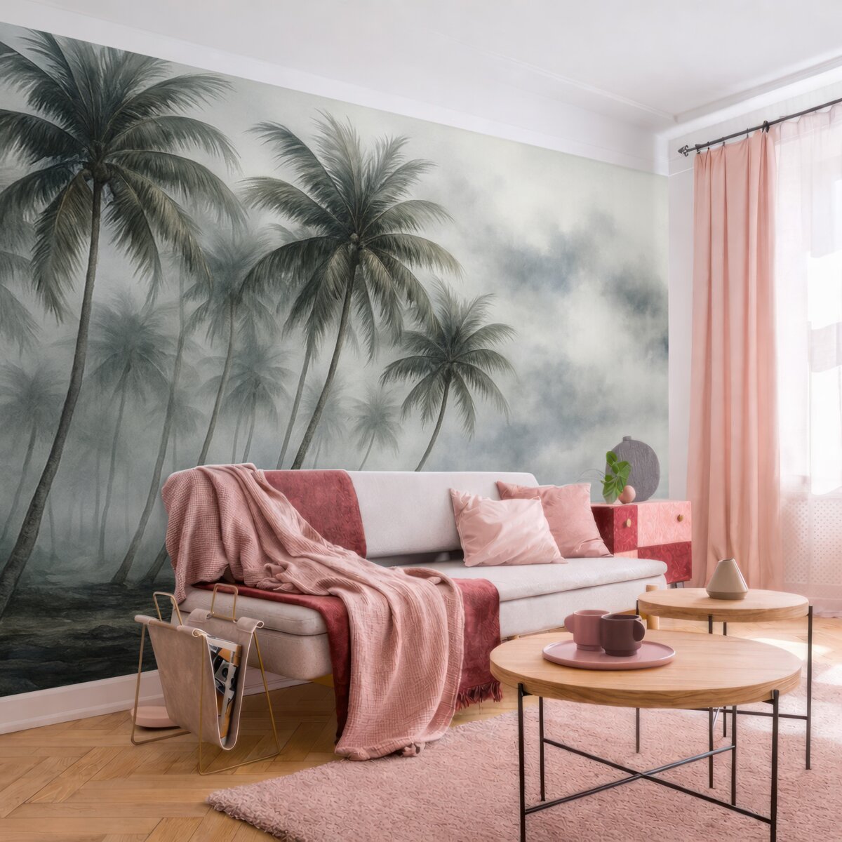 Fototapeta Wilgotna akwarela palmy przy morzu z mgłą w oddali.