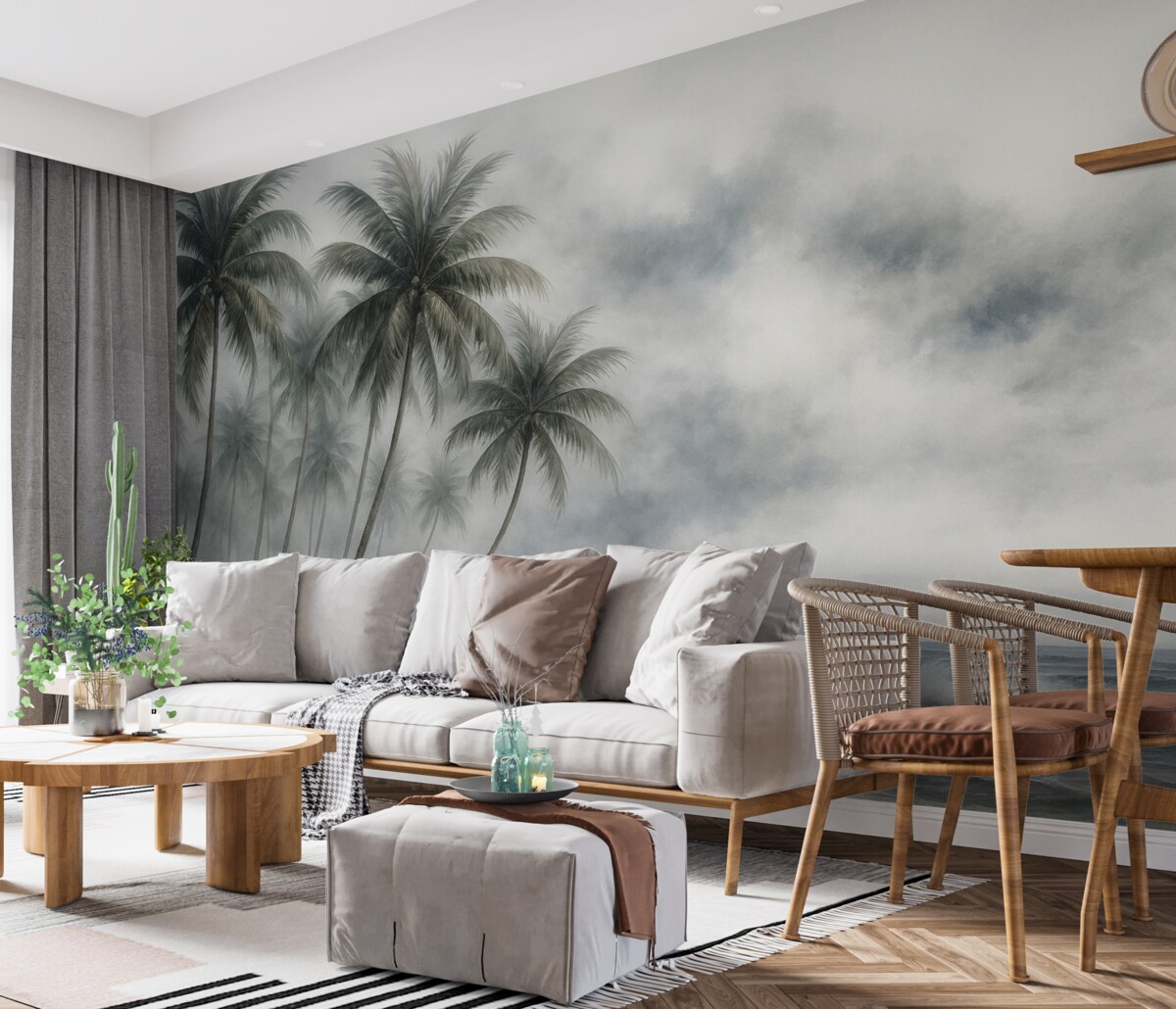 Fototapeta Wilgotna akwarela palmy przy morzu z mgłą w oddali.