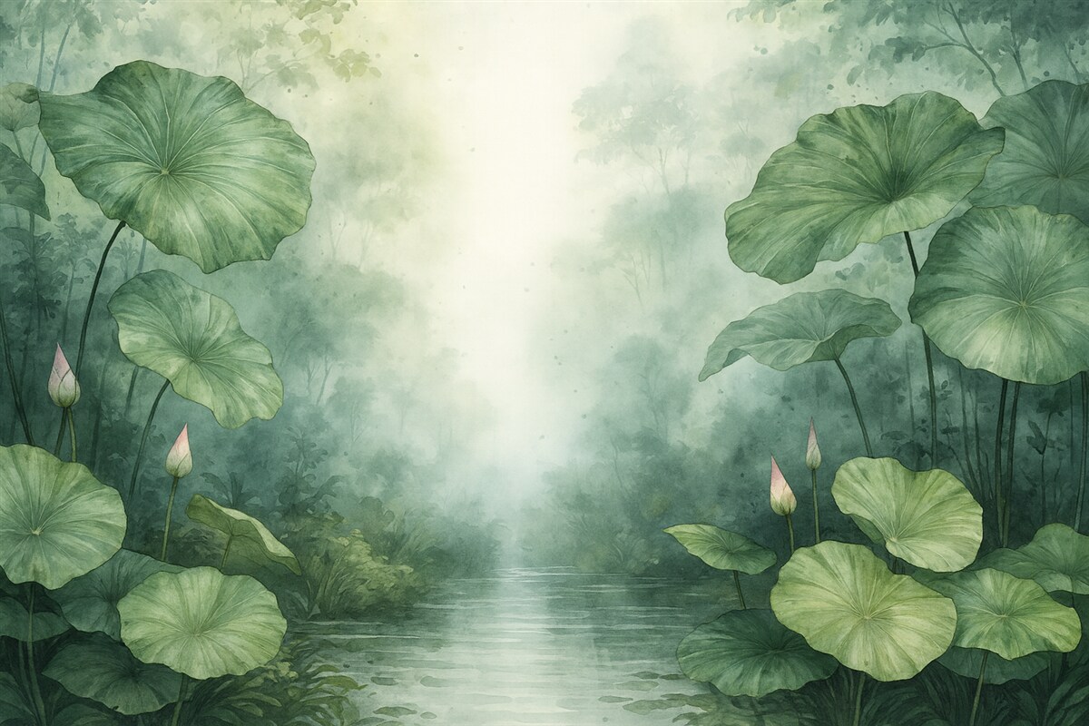 Fototapeta Liście lilii wodnej nad stawem to wilgotna akwarela.