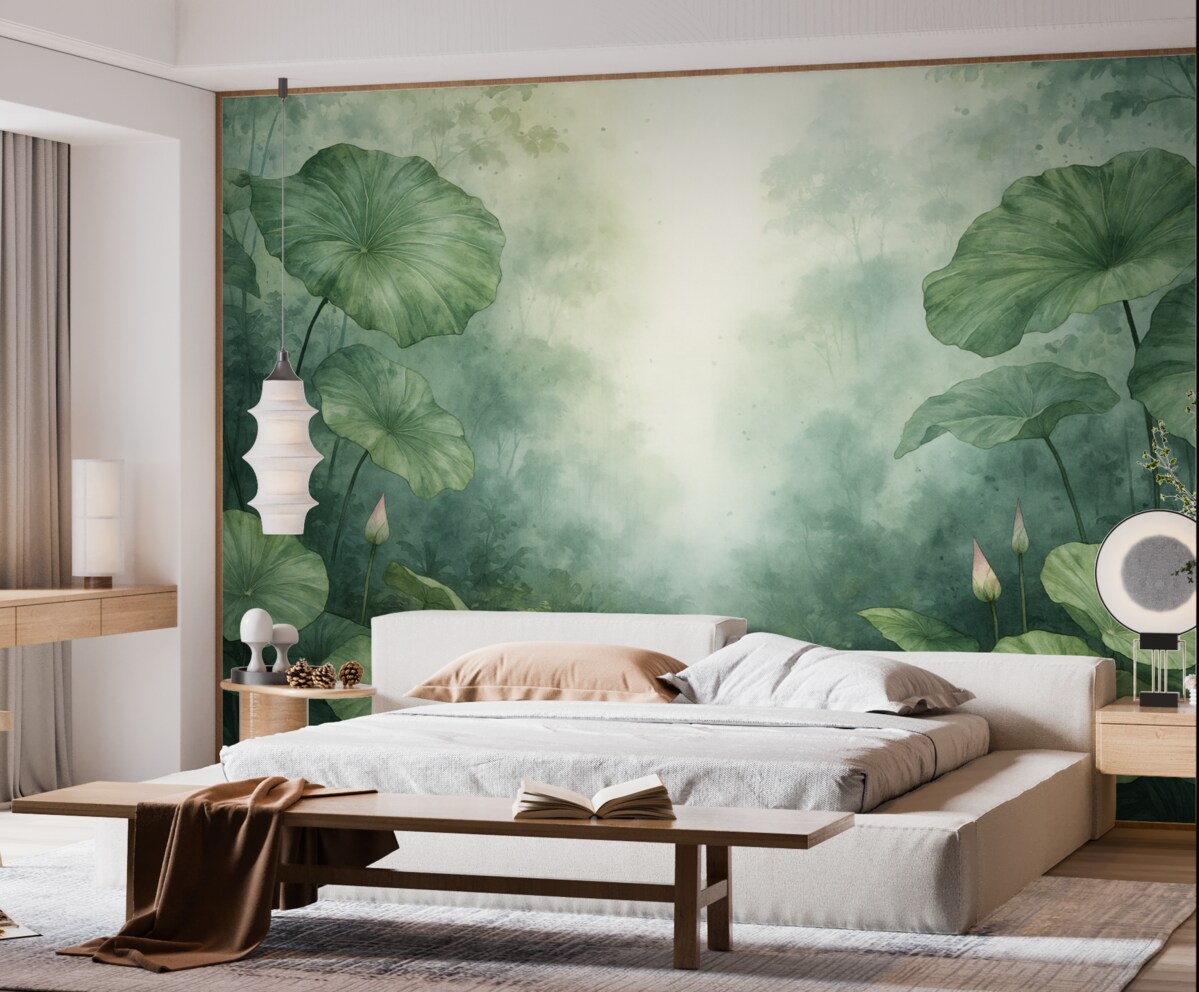 Fototapeta Liście lilii wodnej nad stawem to wilgotna akwarela.