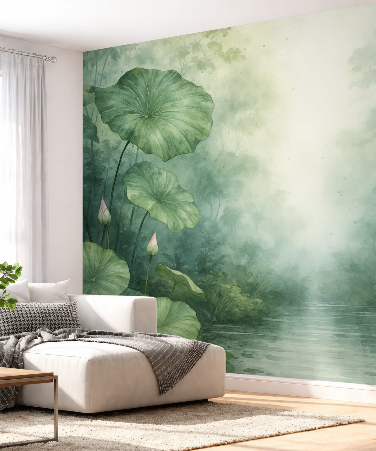 Fototapeta Liście lilii wodnej nad stawem to wilgotna akwarela.