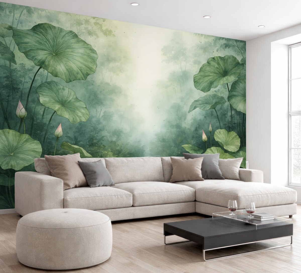 Fototapeta Liście lilii wodnej nad stawem to wilgotna akwarela.