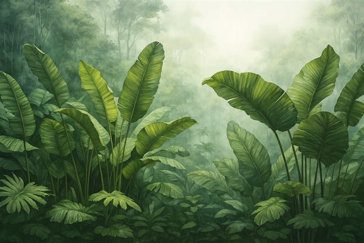 Fototapeta Tropikalne listowie w dżungli na tle oparów wilgotna akwarela.